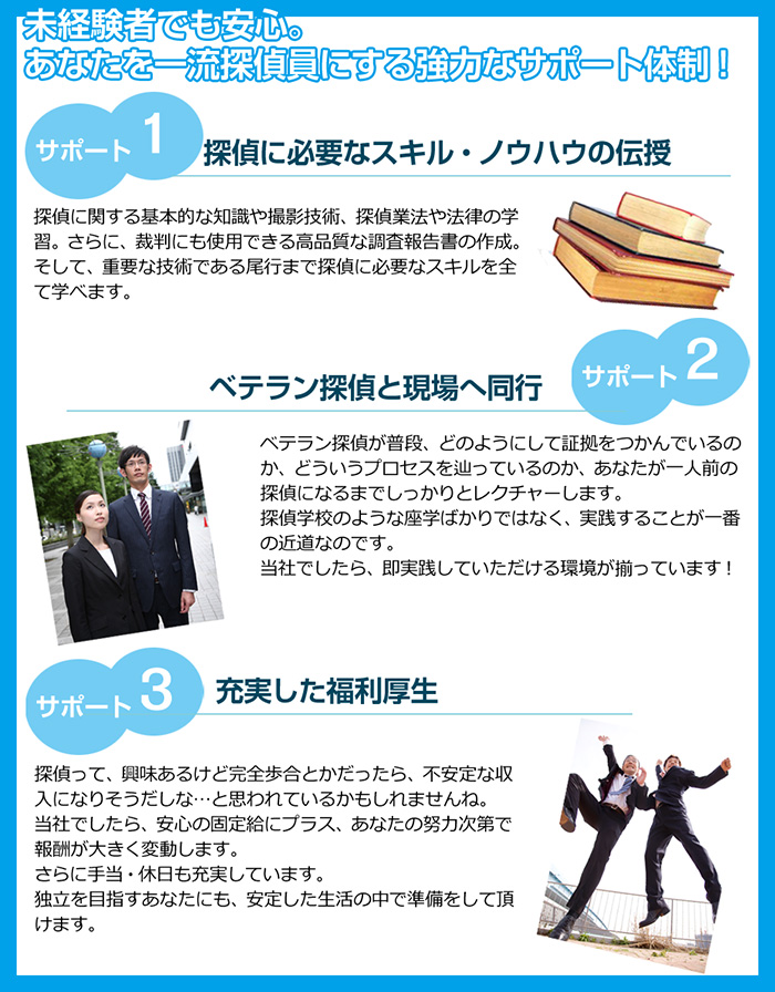 未経験者でも安心。あなたを一流探偵員にする強力なサポート体制。サポート1.探偵に必要なスキル・ノウハウの伝授。探偵に関する基本的な知識や撮影技術、探偵業法や法律の学習。さらに、裁判にも使用できる高品質な調査報告書の作成。そして、重要な技術である尾行まで探偵に必要なスキルを全て学べます。サポート2.ベテラン探偵と現場へ同行。ベテラン探偵が普段、どのようにして証拠をつかんでいるのか、どういうプロセスを辿っているのか、あなたが一人前の探偵になるまでしっかりレクチャーします。探偵学校のような座学ばかりではなく、実践することが一番近道なのです。当社でしたら、即実践していただける環境が揃っています。サポート3.充実した福利厚生。探偵って、興味あるけど完全歩合とかだったら、不安定な収入になりそうだしな・・・と思われているかもしれませんね。当社でしたら、安心の固定給にプラス、あなたの努力次第で報酬が大きく変動します。さらに手当・休日も充実しています。独立を目指すあなたにも、安定した生活の中で準備をして頂けます。